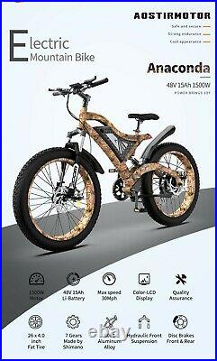 AOSTIRMOTOR Electric Bicycle 1500W 26 Fat Tire Ebike With 48V/15Ah Li-Battery