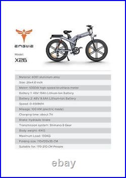 ENGWE X26 Electric Motorcycle 48V 28Ah 1200W Dual Batteries Fat Tire Ebike 26in